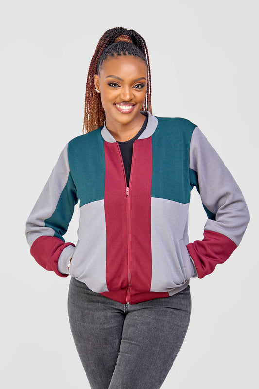 Patched Bomber Jacket - Green/Grey/Maroon