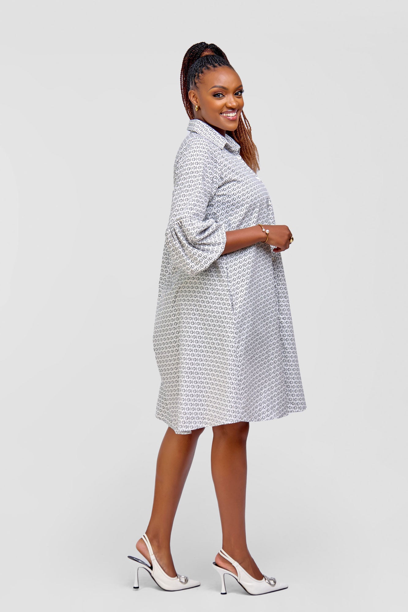 Cotton Knee Length Dress - White/Black HOD Monogram Print