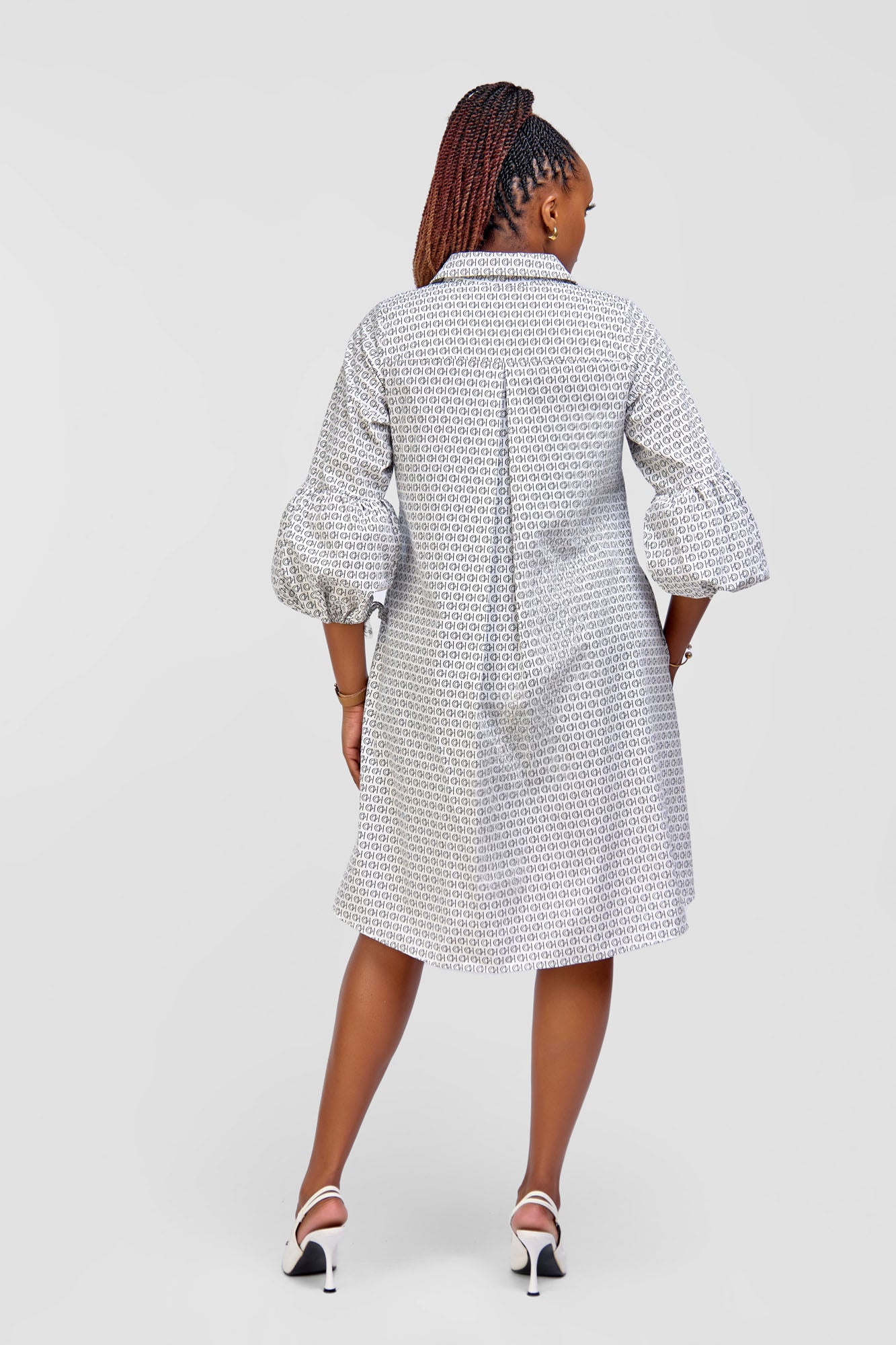 Cotton Knee Length Dress - White/Black HOD Monogram Print