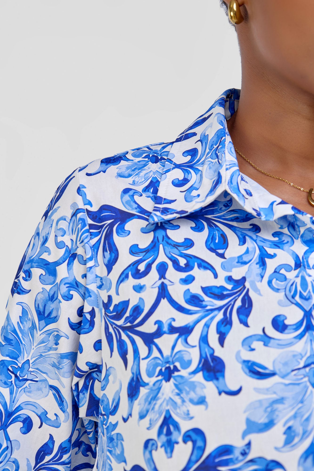 Cotton Knee Length Dress - White/Blue Abstract Print