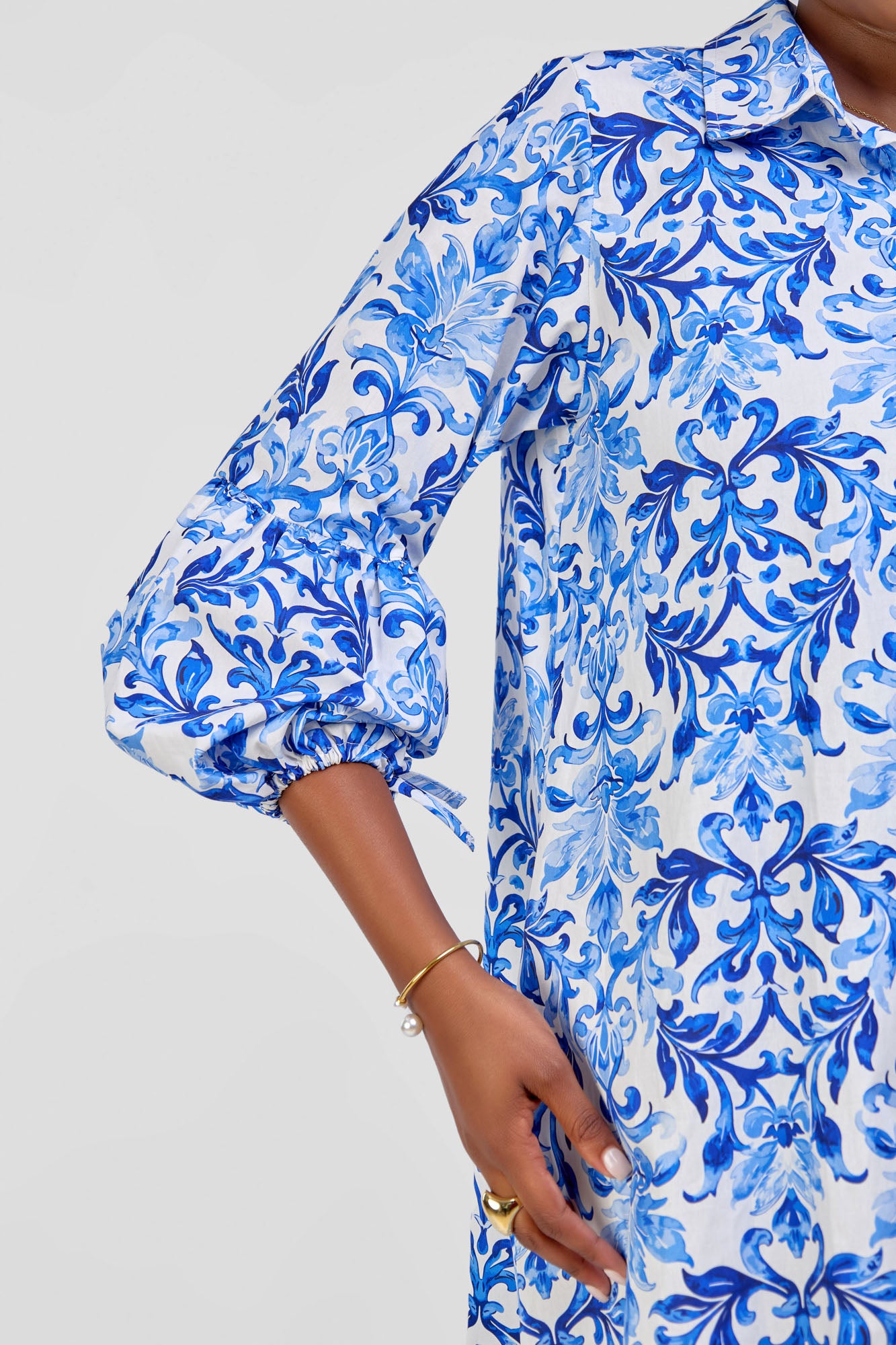 Cotton Knee Length Dress - White/Blue Abstract Print