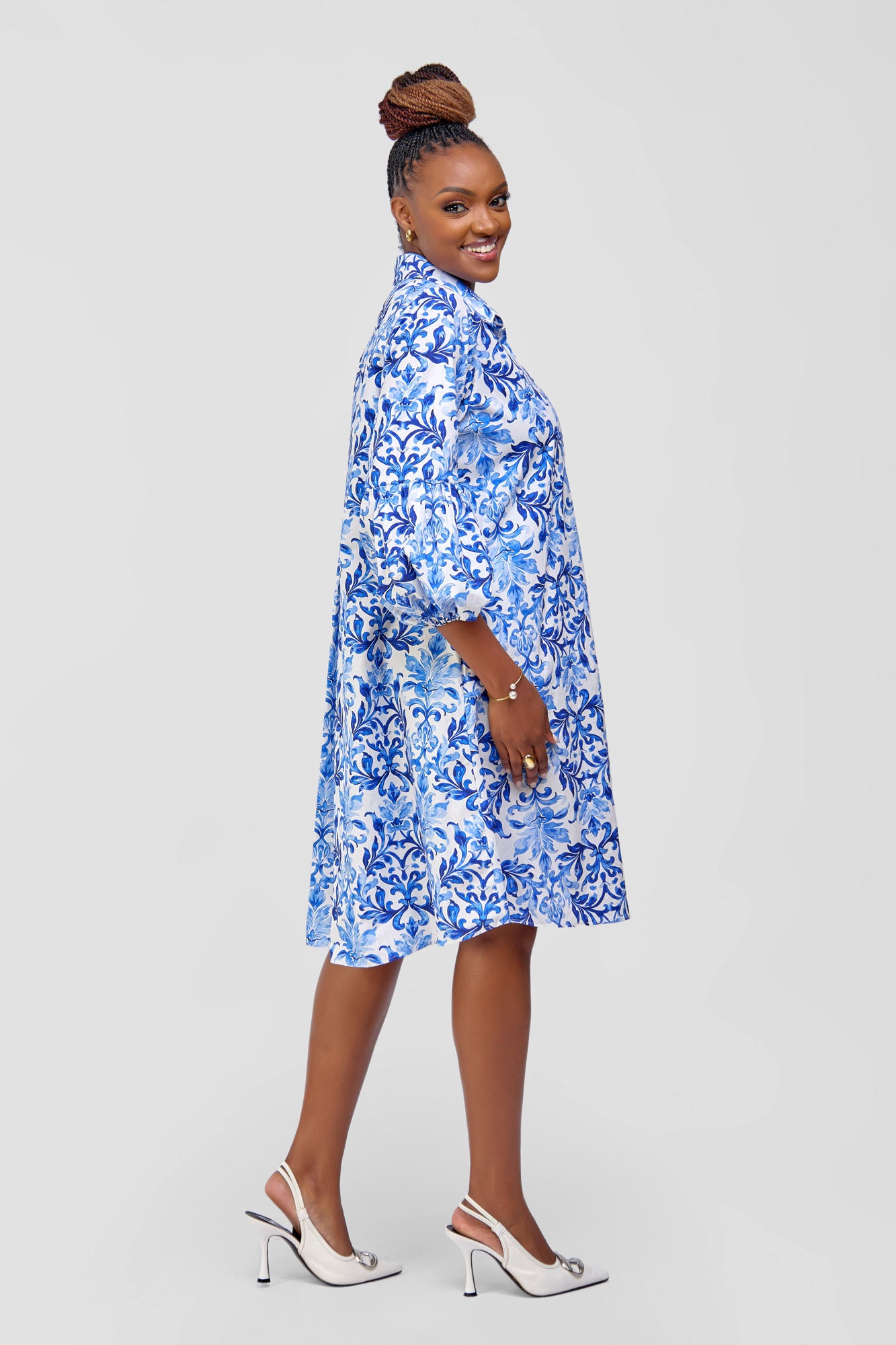 Cotton Knee Length Dress - White/Blue Abstract Print