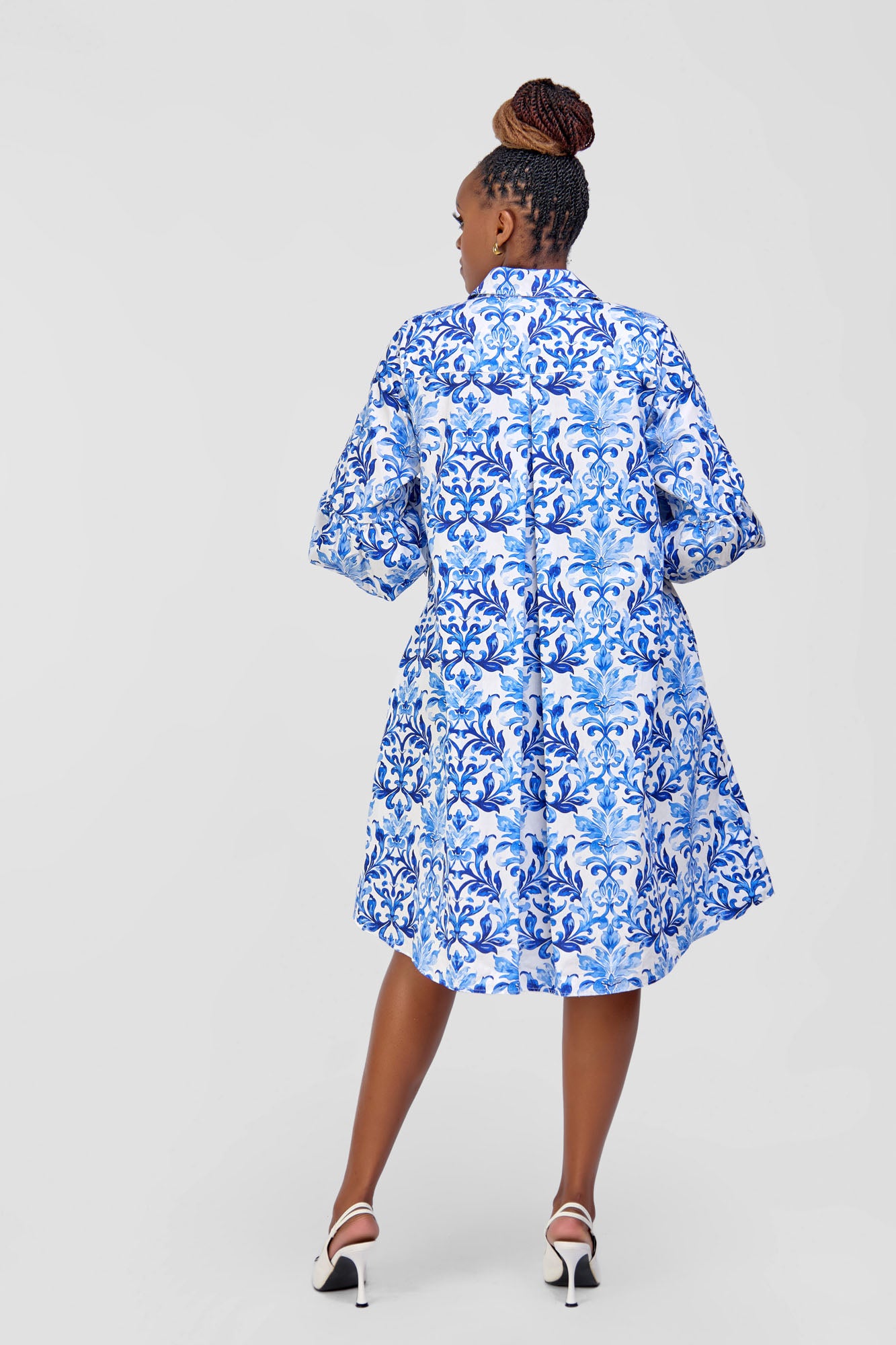 Cotton Knee Length Dress - White/Blue Abstract Print