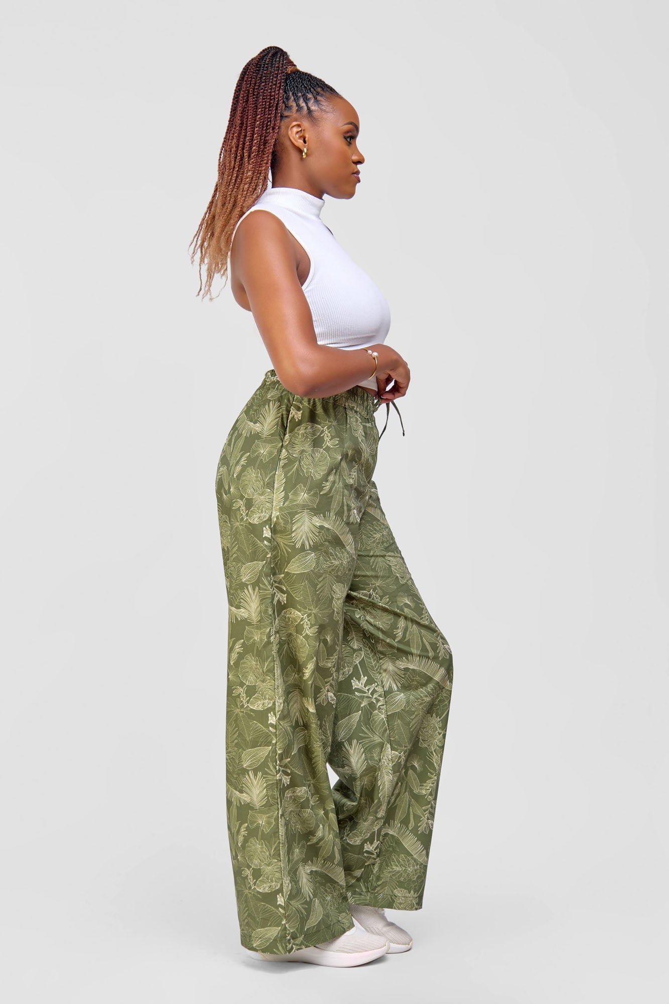 Leaf Print Palazzo Pants - Olive Green