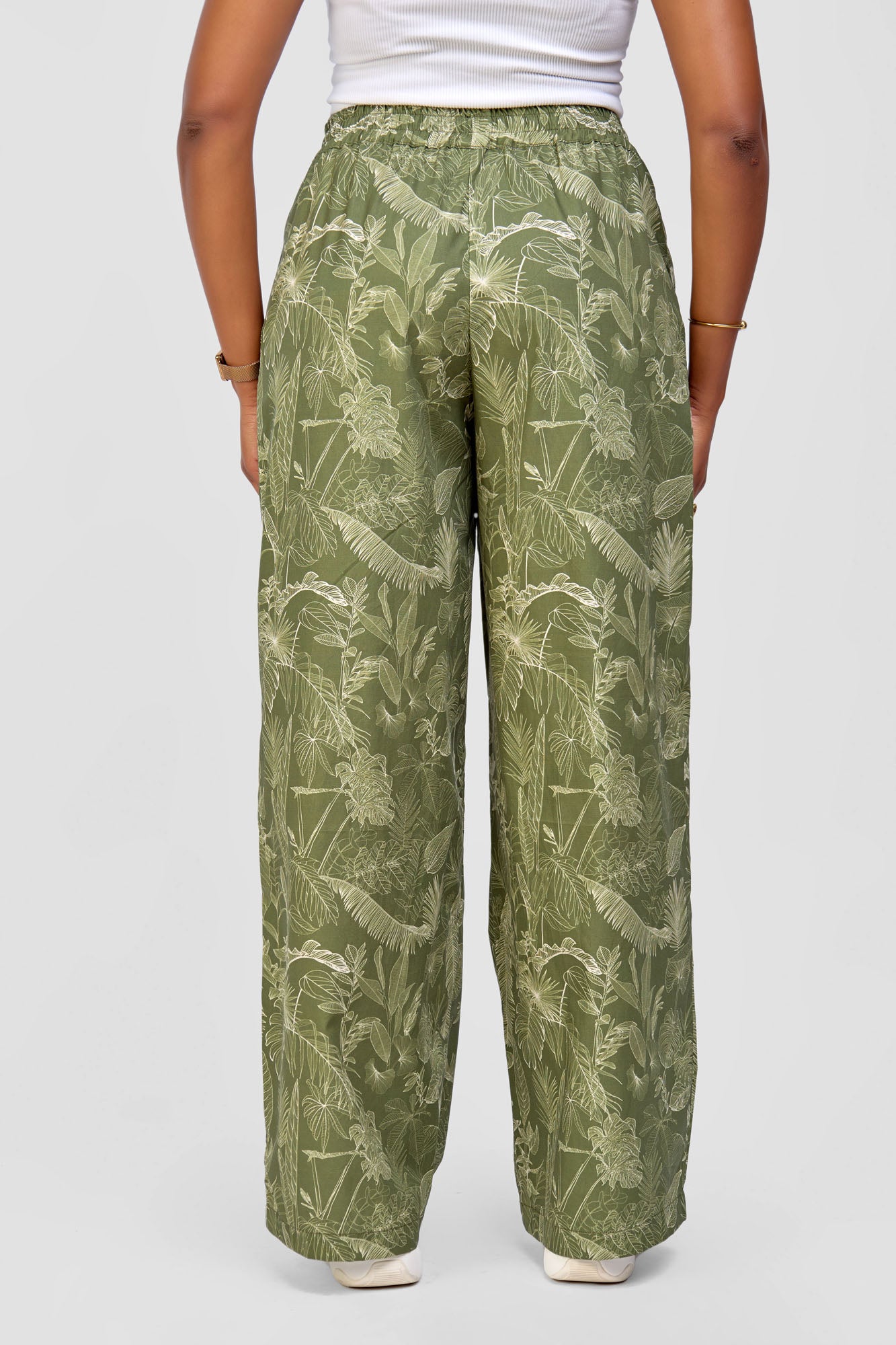Leaf Print Palazzo Pants - Olive Green