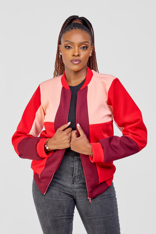 Patched Bomber Jacket - Peach/Red/Maroon