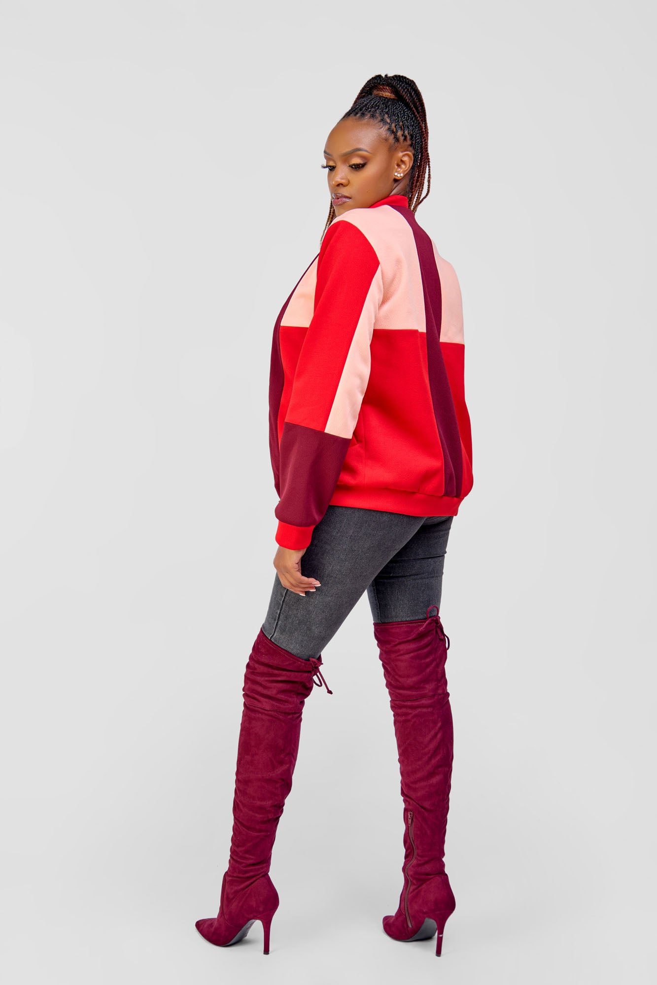 Patched Bomber Jacket - Peach/Red/Maroon