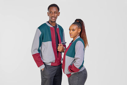 Patched Bomber Jacket - Green/Grey/Maroon