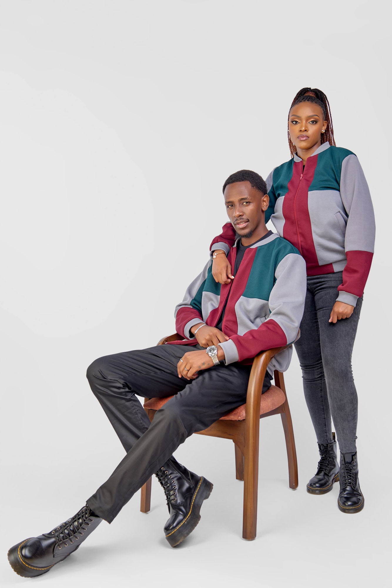 Patched Bomber Jacket - Green/Grey/Maroon