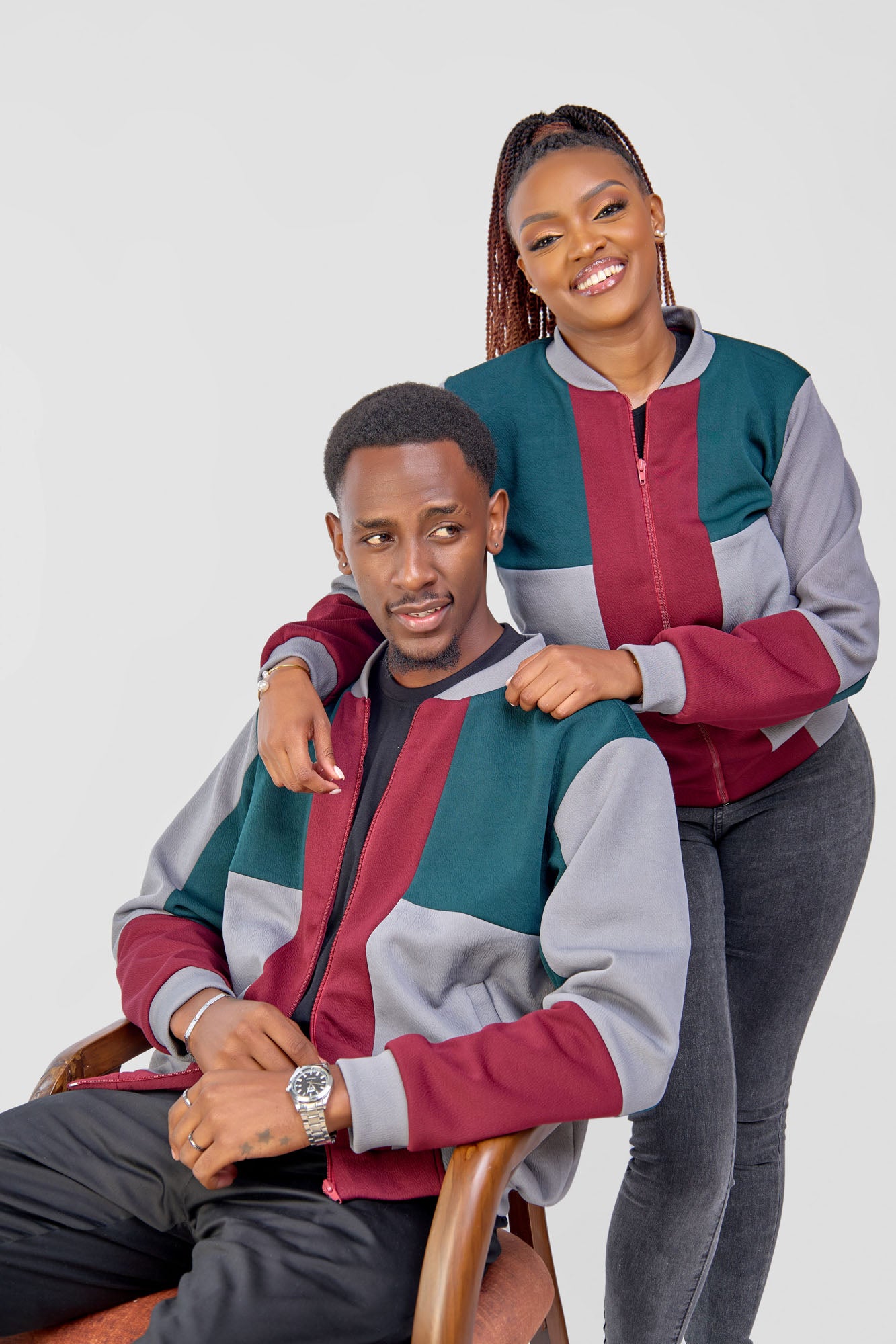 Patched Bomber Jacket - Green/Grey/Maroon