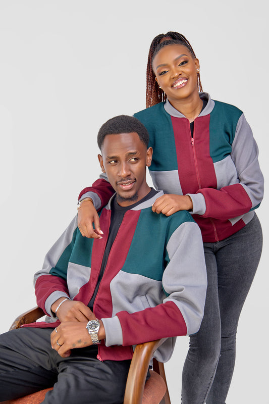 Patched Bomber Jacket - Green/Grey/Maroon