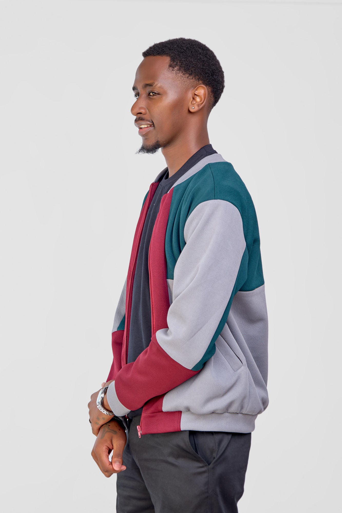Patched Bomber Jacket - Green/Grey/Maroon