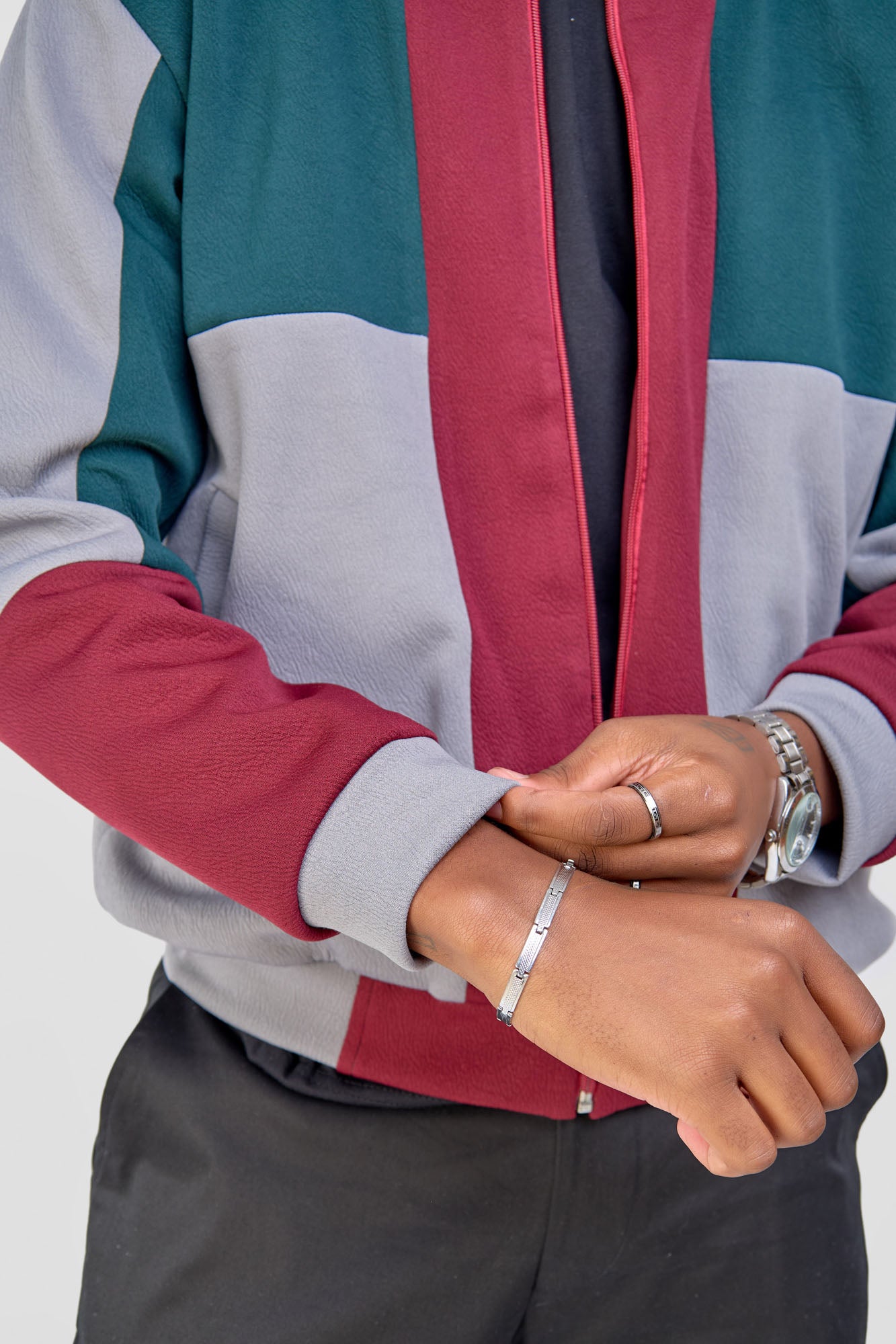 Patched Bomber Jacket - Green/Grey/Maroon