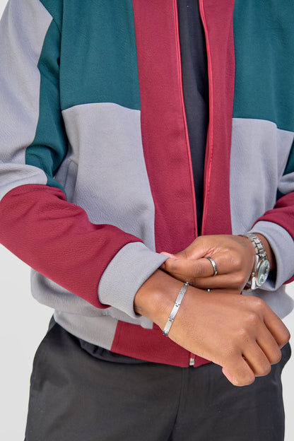 Patched Bomber Jacket - Green/Grey/Maroon