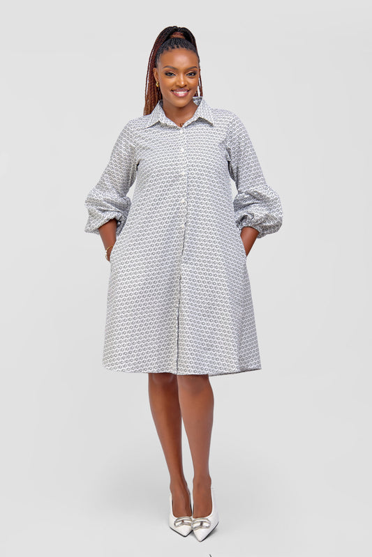 Cotton Knee Length Dress - White/Black HOD Monogram Print