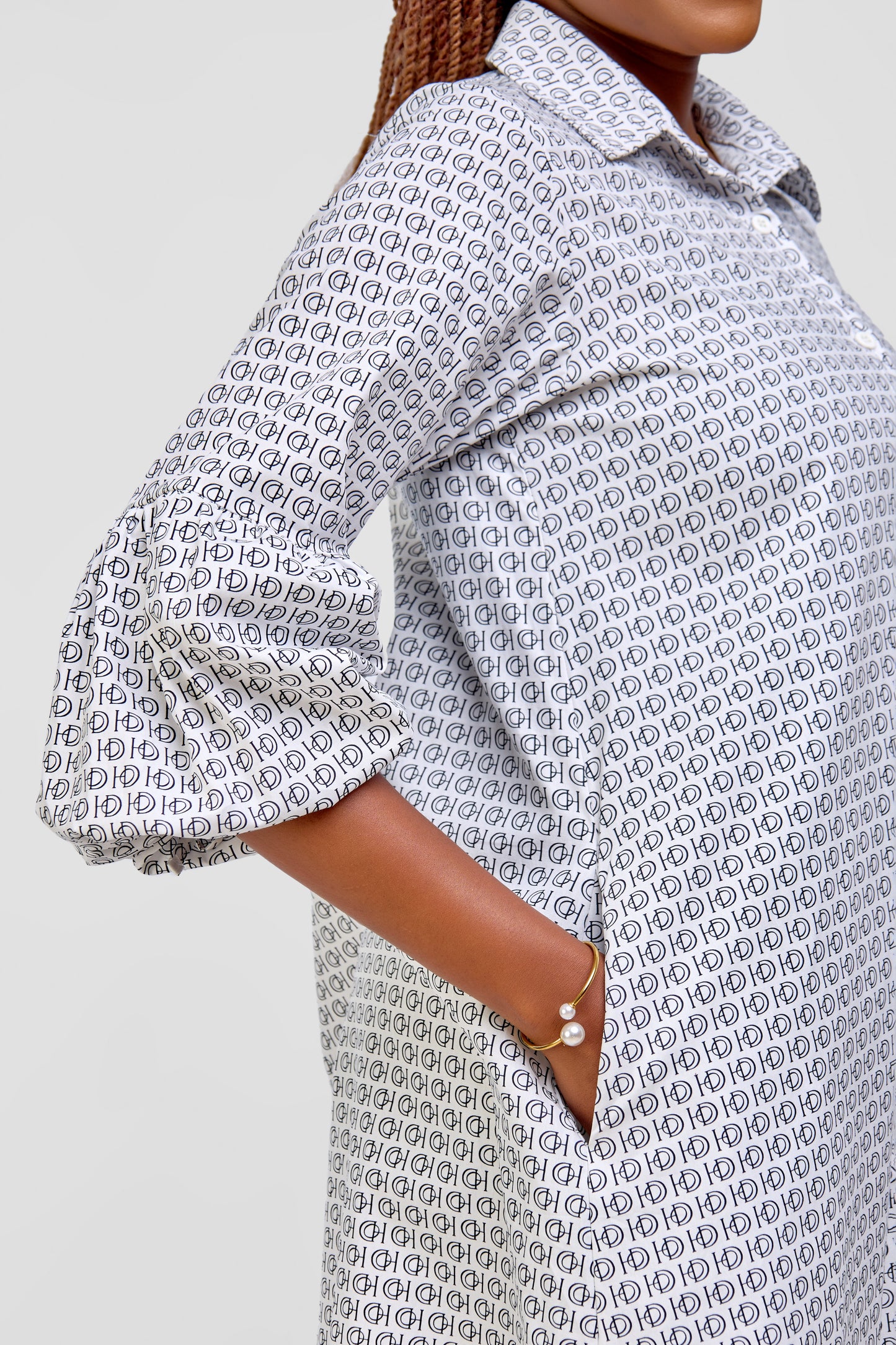 Cotton Knee Length Dress - White/Black HOD Monogram Print