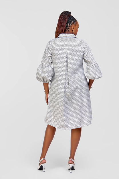 Cotton Knee Length Dress - White/Black HOD Monogram Print