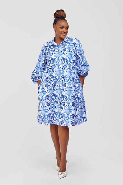 Cotton Knee Length Dress - White/Blue Abstract Print