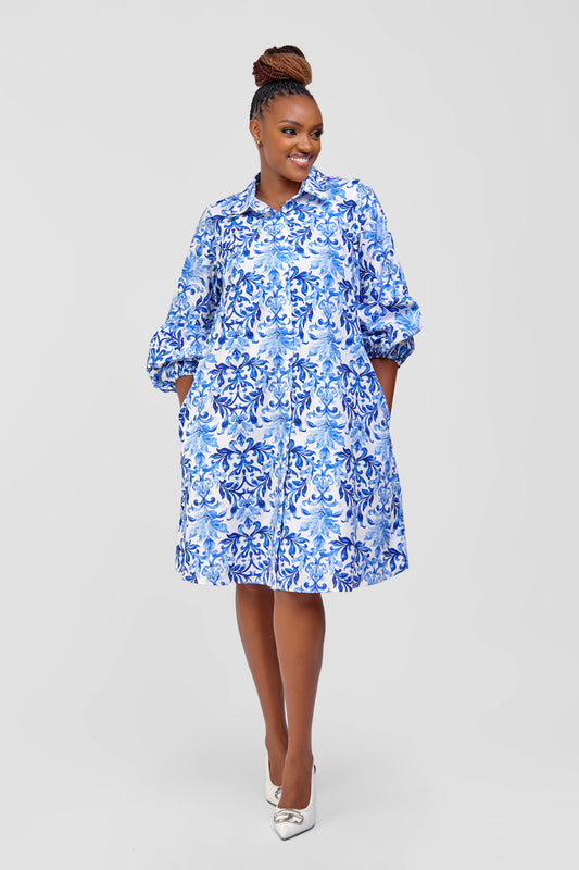 Cotton Knee Length Dress - White/Blue Abstract Print