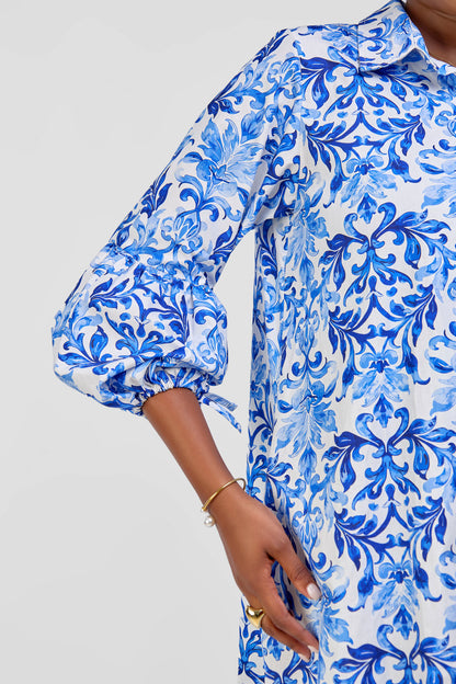 Cotton Knee Length Dress - White/Blue Abstract Print