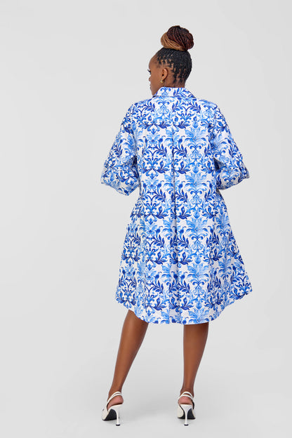 Cotton Knee Length Dress - White/Blue Abstract Print