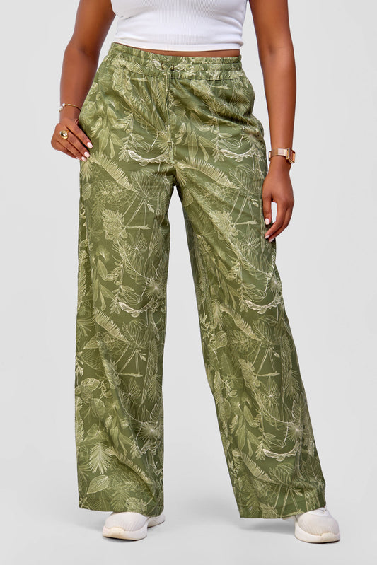 Leaf Print Palazzo Pants - Olive Green